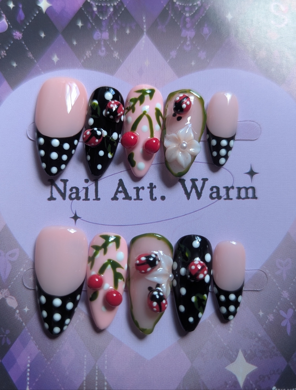 Handpainted Pink & Black Cherry Nail Art Set